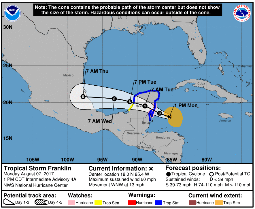 Figure 3. Expected track of Tropical Storm Franklin.